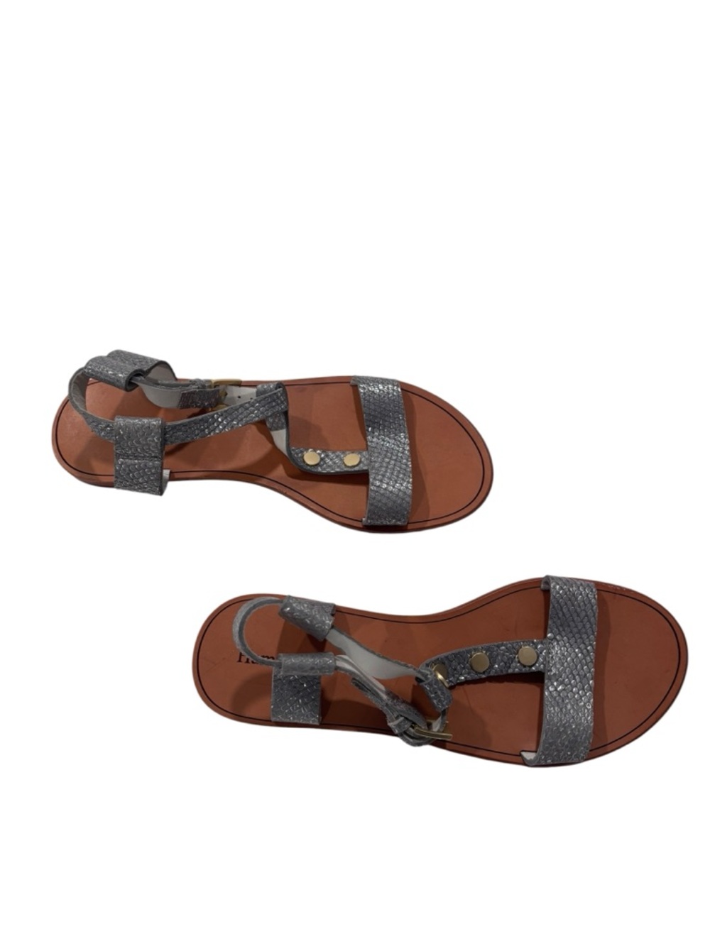 Hammitt Silver Textured Leather Gold-Tone Studded Flat Sandals - Picture 6 of 9